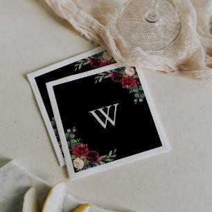 Rustic Black Botanical Monogram Wedding  Napkins