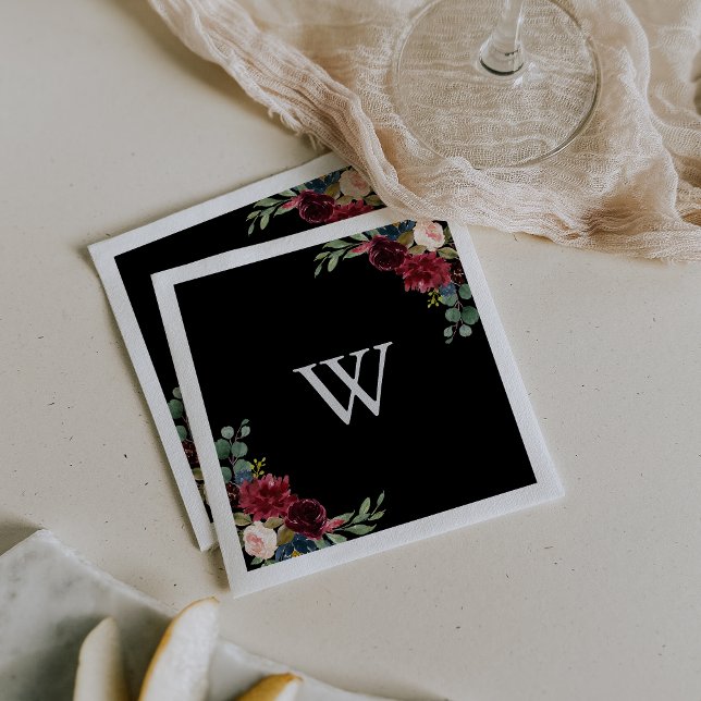 Rustic Black Botanical Monogram Wedding  Napkins (Creator Uploaded)