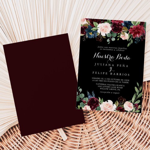 Rustic Black Botanical Nuestra Boda Wedding  Invitation