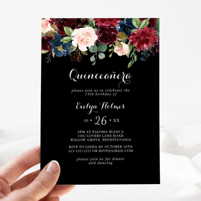 Rustic Black Botanical Quinceañera  Invitation (Creator Uploaded)