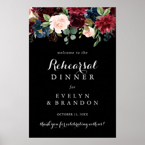 Rustic Black Botanical Rehearsal Dinner Welcome  Poster