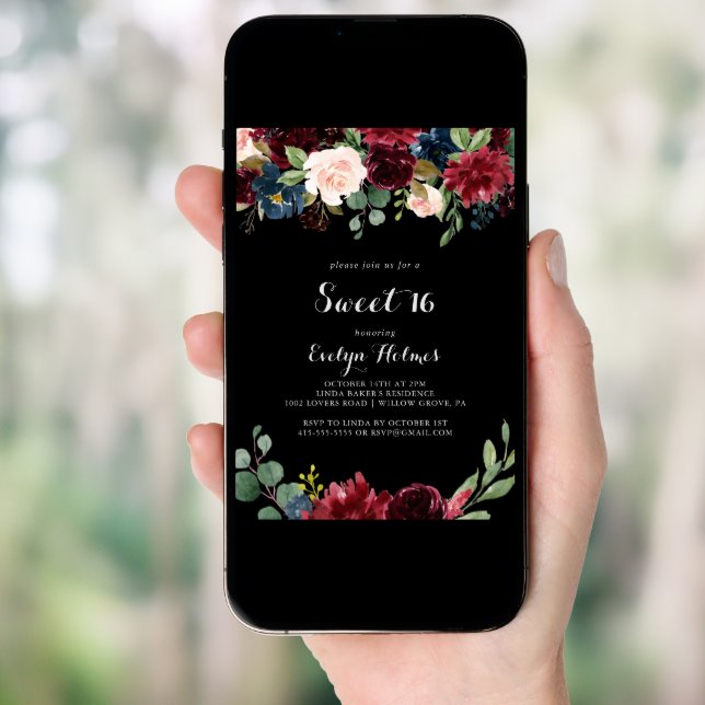 Rustic Black Botanical Sweet 16 Birthday Party  Invitation (Front Digital)