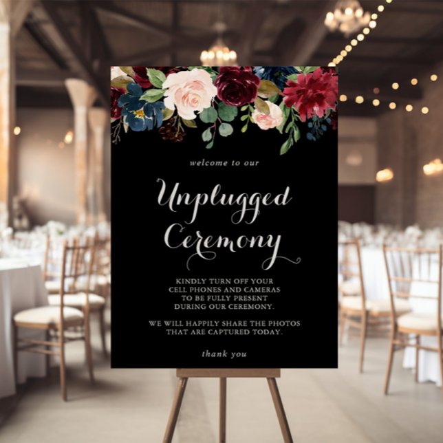 Rustic Black Botanical Unplugged Ceremony Sign (Creator Uploaded)