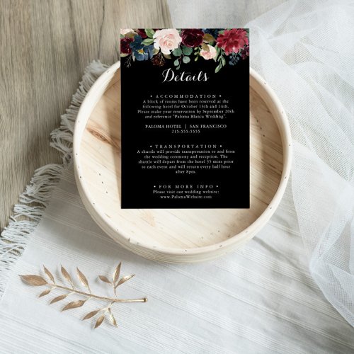 Rustic Black Botanical Wedding Details Enclosure Card