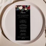 Rustic Black Botanical Wedding Dinner Menu Card<br><div class="desc">This rustic black botanical wedding dinner menu card is perfect for a classic wedding. The design features burgundy, red, navy, blue and blush radiant and graceful hand-painted flowers in a black background, inspiring natural beauty. This menu can be used for a wedding reception, rehearsal dinner, bridal shower or any event....</div>