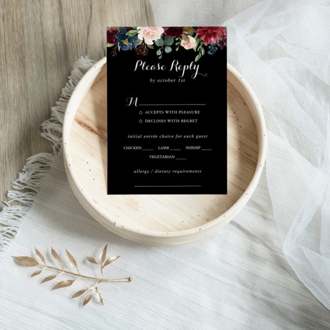 Rustic Black Botanical Wedding Menu Choice RSVP (Creator Uploaded)