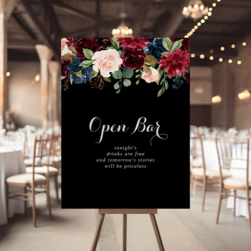 Rustic Black Botanical Wedding Open Bar Sign