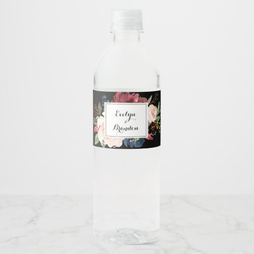 Rustic Black Botanical Wedding  Water Bottle Label