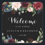 Rustic Black Botanical Wedding Welcome Square Sticker<br><div class="desc">This rustic black botanical wedding welcome square sticker is perfect for a rustic wedding. The design features burgundy,  red,  navy,  blue and blush radiant and graceful hand-painted flowers in a black background,  inspiring natural beauty.

These labels are perfect for hotel guest welcome bags and destination weddings.</div>