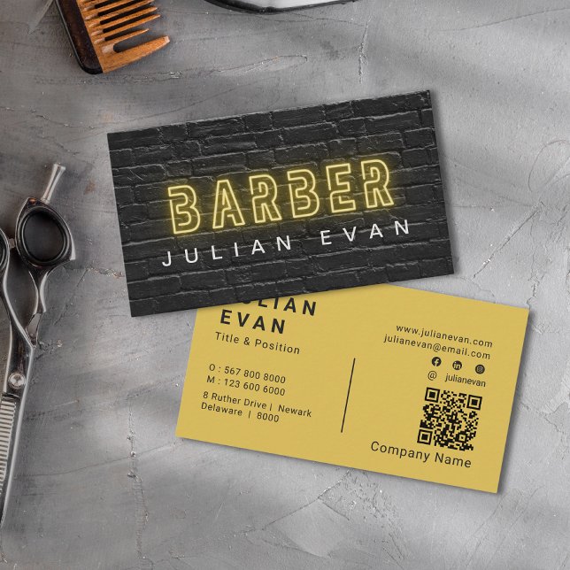 Rustic Black Brick Wall Neon Typography Barber Business Card (Rustic Black Brick Wall Yellow Typography Barber Business Card)
