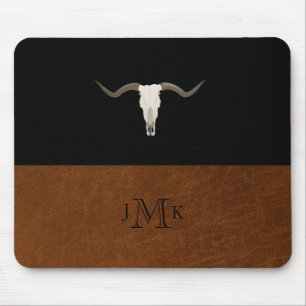 Rustic Black & Brown Leather Image Antler Monogram Mouse Pad
