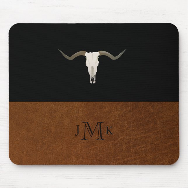 Rustic Black & Brown Leather Image Antler Monogram Mouse Pad (Front)