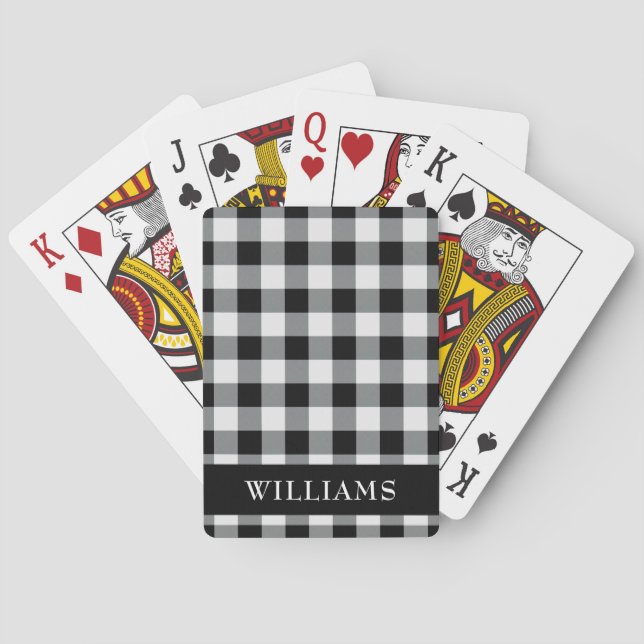 Rustic Black Buffalo Check Family Monogram Poker Cards (Back)