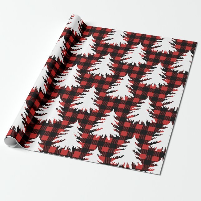 Rustic Black Buffalo Check Plaid White Trees Wrapping Paper (Unrolled)