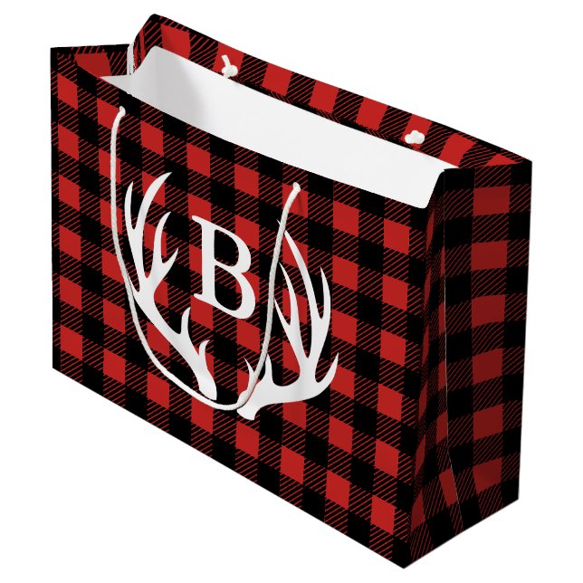 Rustic Black Buffalo Plaid Deer Antlers Initial Large Gift Bag (Front Angled)
