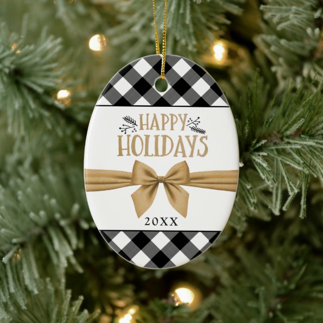 Rustic Black Buffalo Plaid HAPPY HOLIDAYS Photo Ceramic Ornament (Tree)