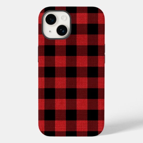 Rustic Black Buffalo Plaid Pattern Red Linen Photo Case_Mate iPhone 14 Case