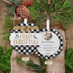 Rustic Black Buffalo Plaid Photo Year Summary Ornament Card