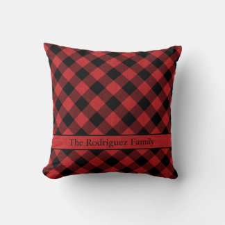 Rustic Black Buffalo Plaid Red Linen Photo Name Throw Pillow