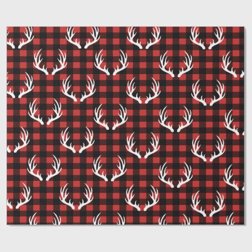 Rustic Black Buffalo Plaid White Deer Antlers Wrapping Paper | Zazzle