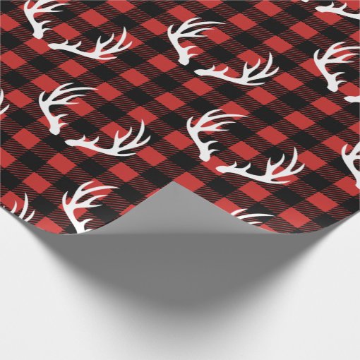 Rustic Black Buffalo Plaid White Deer Antlers Wrapping Paper | Zazzle