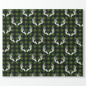 Rustic Black Buffalo Plaid White Deer Antlers Wrapping Paper (Flat)
