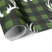 Rustic Black Buffalo Plaid White Deer Antlers Wrapping Paper (Roll Corner)