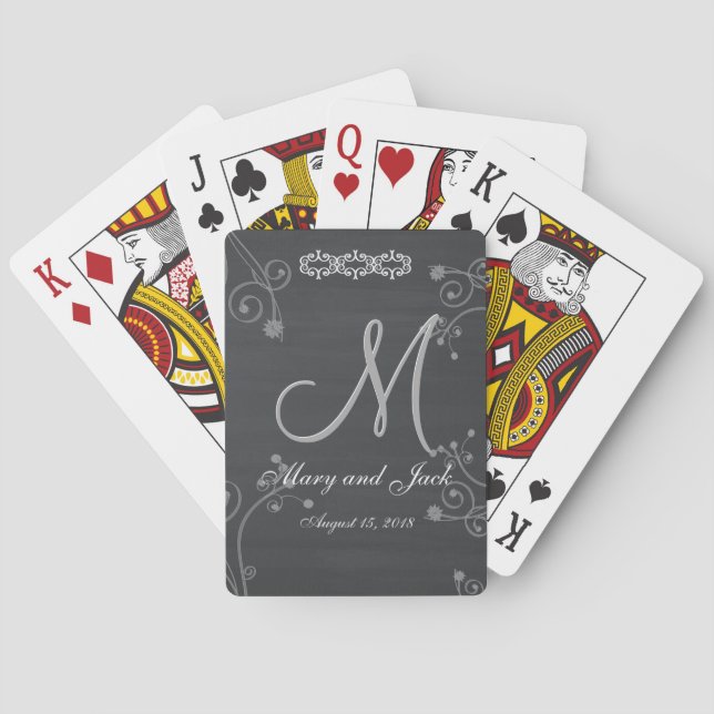 Rustic Black Chalk Chalkboard 3d Monogram Poker Cards (Back)