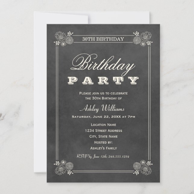 Rustic Black Chalkboard 30th Birthday Party Invitation (Front)