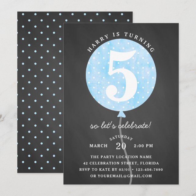 Rustic Black Chalkboard Blue Balloon Boy Birthday Invitation (Front/Back)