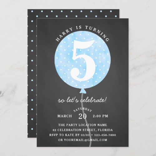 Rustic Black Chalkboard Blue Balloon Boy Birthday Invitation