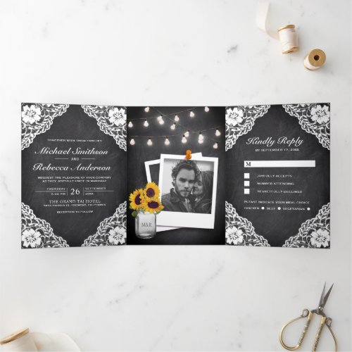 Rustic Black Chalkboard Lace String Lights Wedding Tri_Fold Invitation