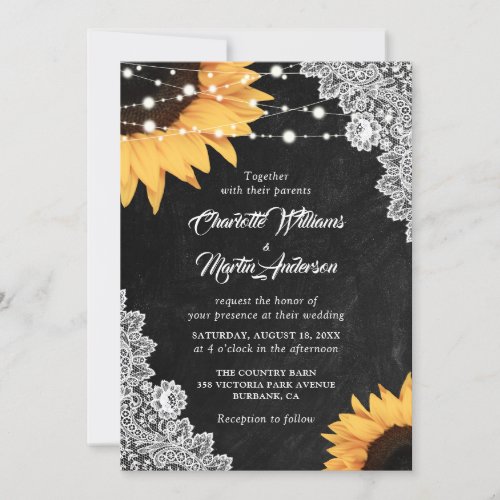 Rustic Black Chalkboard Lace Sunflower Wedding Invitation