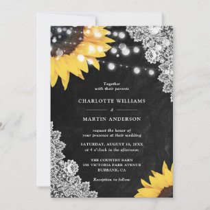 Rustic Black Chalkboard Lace Sunflower Wedding Invitation