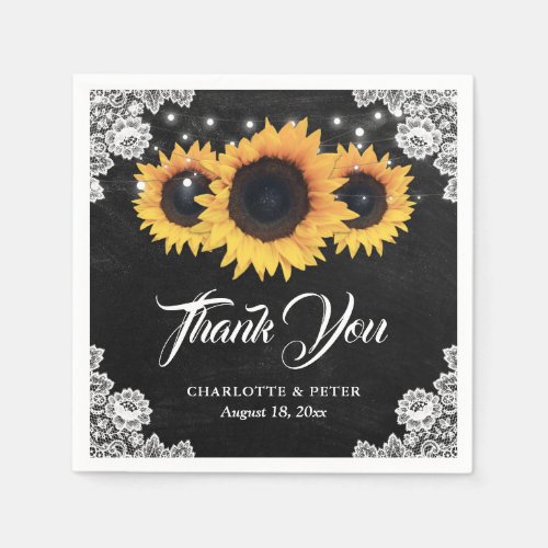 Rustic Black Chalkboard Lace Sunflower Wedding Napkins