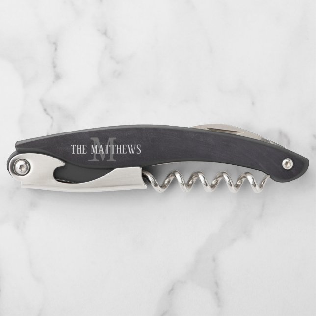 Rustic Black Chalkboard Monogrammed Name Custom Waiter's Corkscrew (Front)