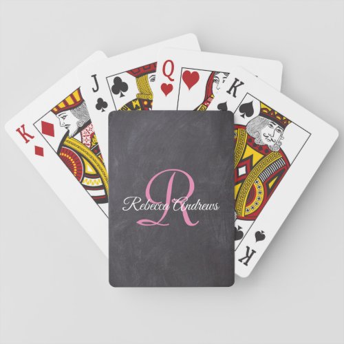 Rustic Black Chalkboard Pink Monogram Playing Cards