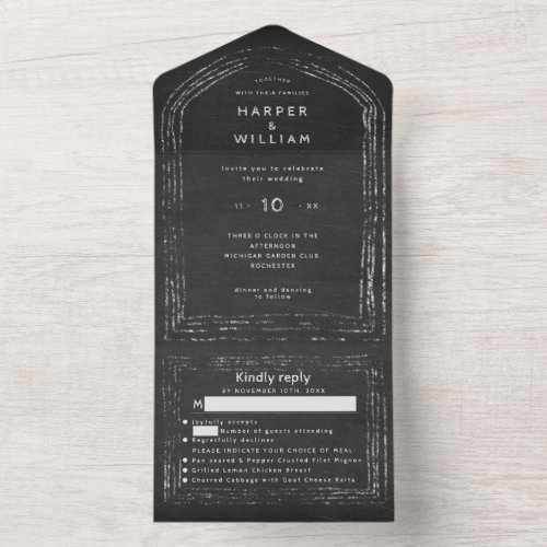 Rustic black chalkboard rsvp attached wedding all in one invitation