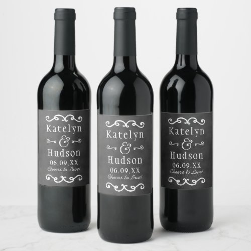 Rustic Black Chalkboard Script Monogram Wedding Wine Label