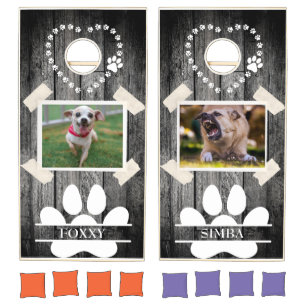 Rustic Black Custom Monogram Dog Photo Cabin Wood Cornhole Set