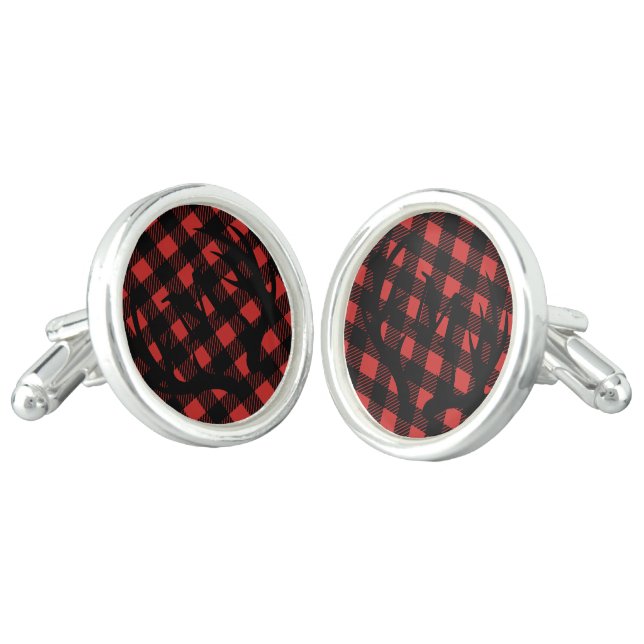 Rustic Black Deer Antlers Buffalo Check Plaid Cufflinks (Angled)