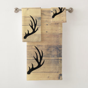 Rustic Black Deer Antlers & Farmhouse Wood Planks Bath Towel Set