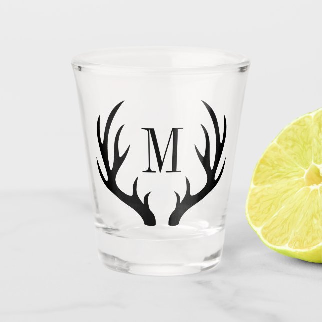 Rustic Black Deer Antlers | Monogram Shot Glass (Front)