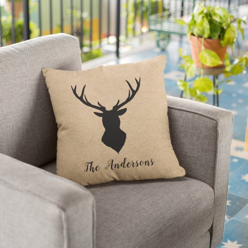 Rustic Black Deer  Kraft  Family Name Outdoor Pillow