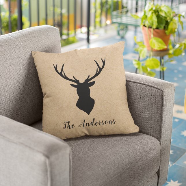 Rustic Black Deer | Kraft | Family Name Outdoor Pillow (Creator Uploaded)