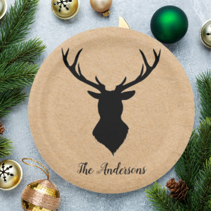 Rustic Black Deer   Kraft   Family Name Paper Plates