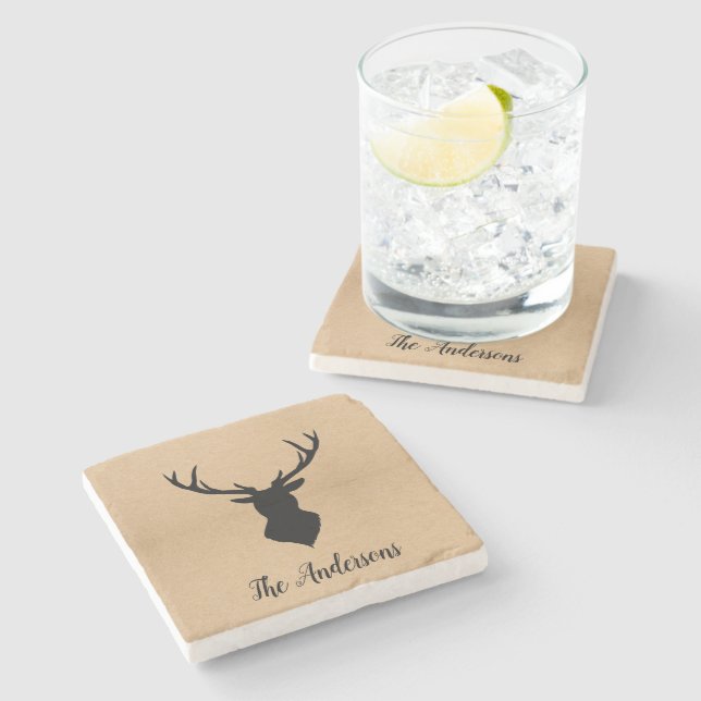 Rustic Black Deer | Kraft | Family Name Stone Coaster (Side)