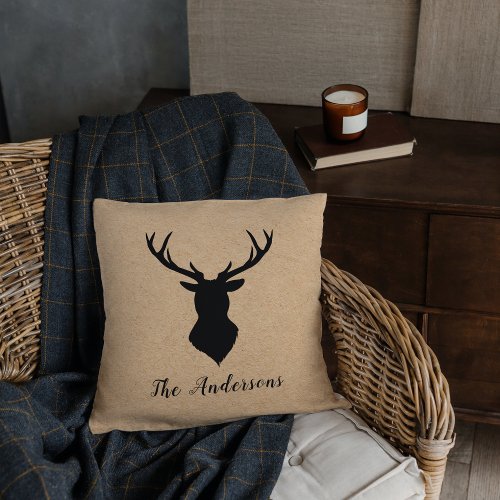 Rustic Black Deer  Kraft  Family Name Throw Pillow