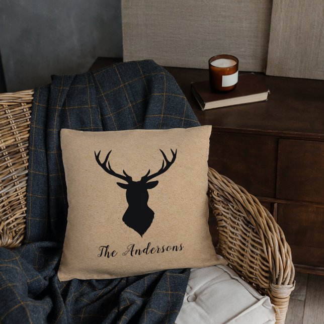 Rustic Black Deer | Kraft | Family Name Throw Pillow (Creator Uploaded)