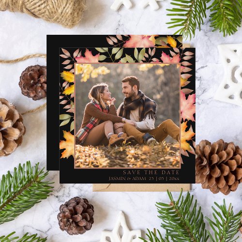 Rustic Black Fall Autumn Leaves Photo Wedding Save The Date